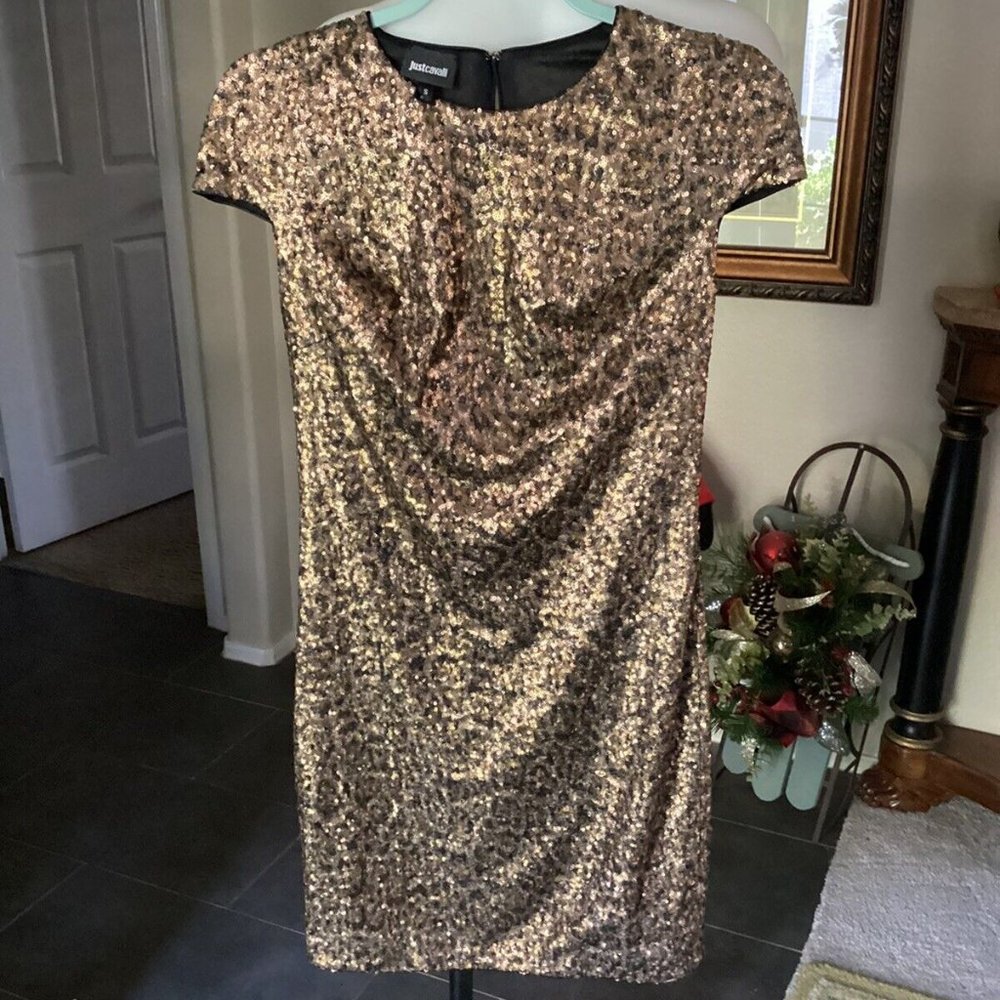 Just Cavalli by Roberto Cavalli Gold Cap Sleeve Sequin Holiday Dress, S, Italy